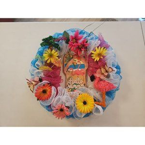 Summer Door Wreath, "Hello Summer", Beach Floral Flamingo Design 21'' Diameter